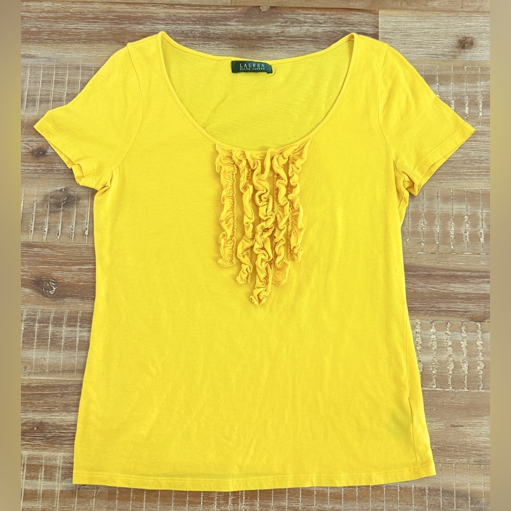 Lauren Ralph Lauren Top Womens Yellow Short Sleeve Ruffle scoop neck - Picture 2 of 4